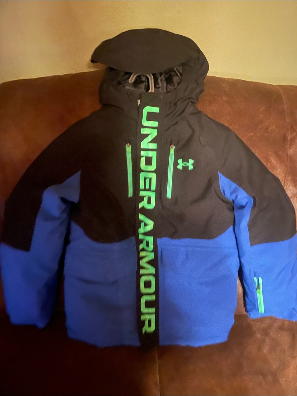 Under Armour Boys' Black & Blue Insulated Jacket with Neon Green Logo